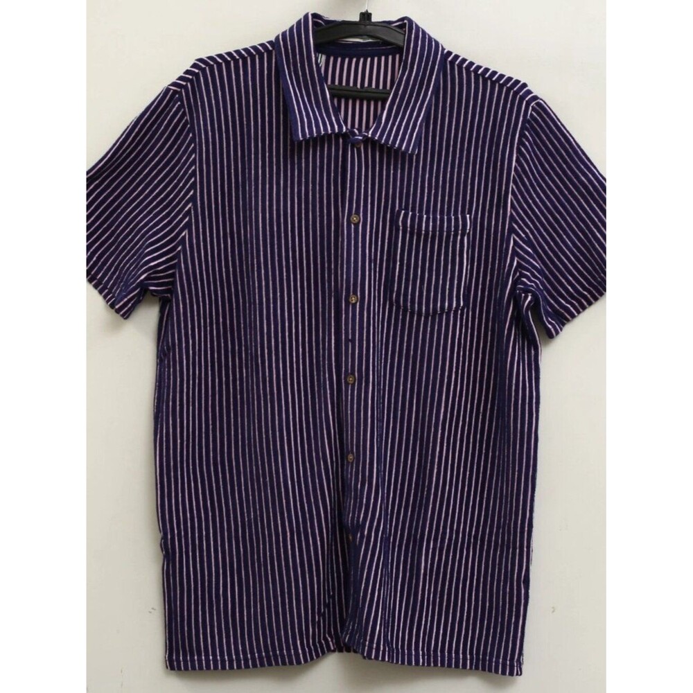 Criquet Terrycloth Striped Buttondown Men's Shirt Short Sleeves Blue XL 290382